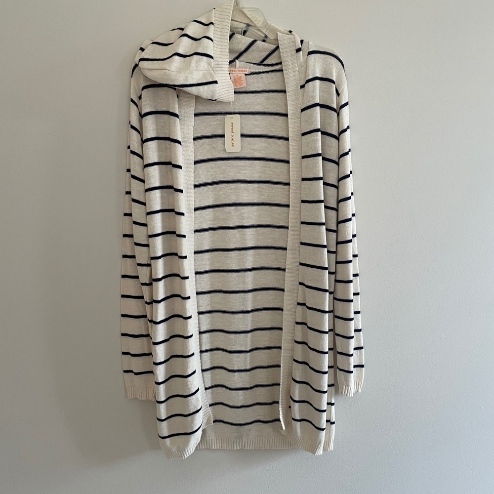 Sweet Romeo Striped Hooded Lightweight Knit Cardigan‎ Ivory Navy Blue Medium